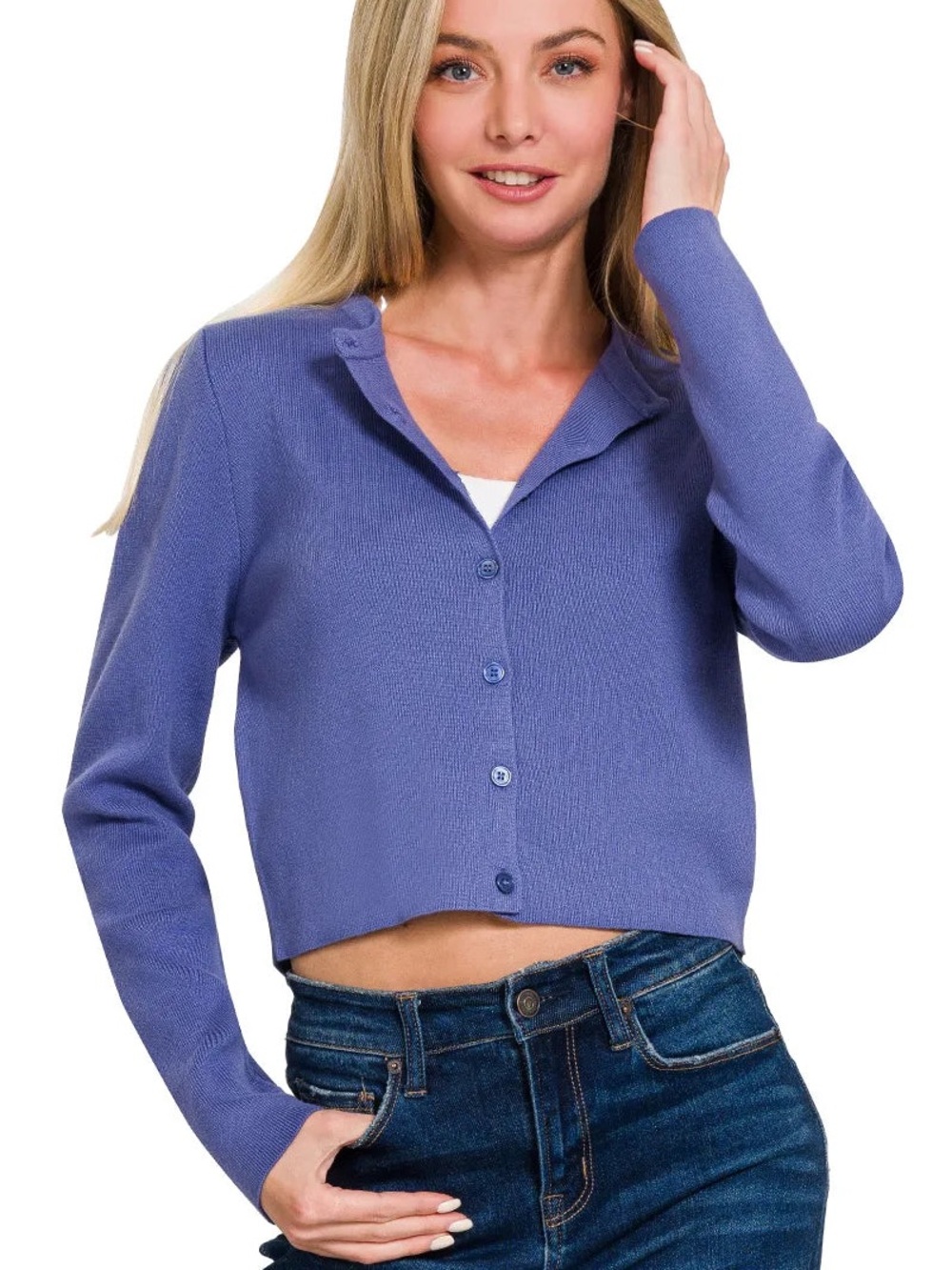 Button-Front Crewneck Long Sleeve Cropped Cardigan, MEDIUM, NWOT, $28